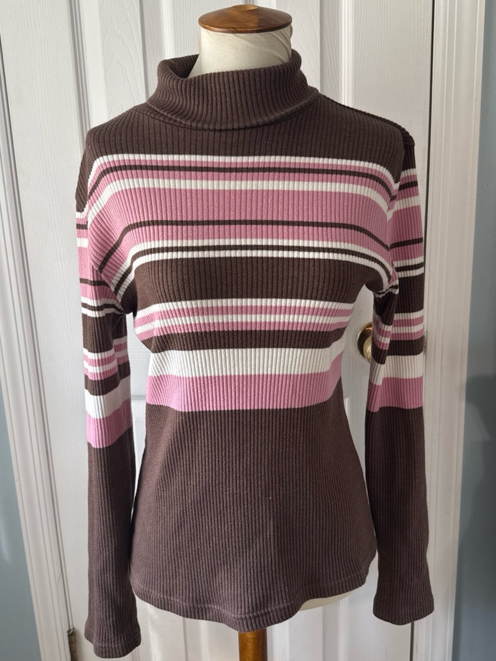 Fashion Bug Brown, Pink & White Striped Turtleneck Sweater